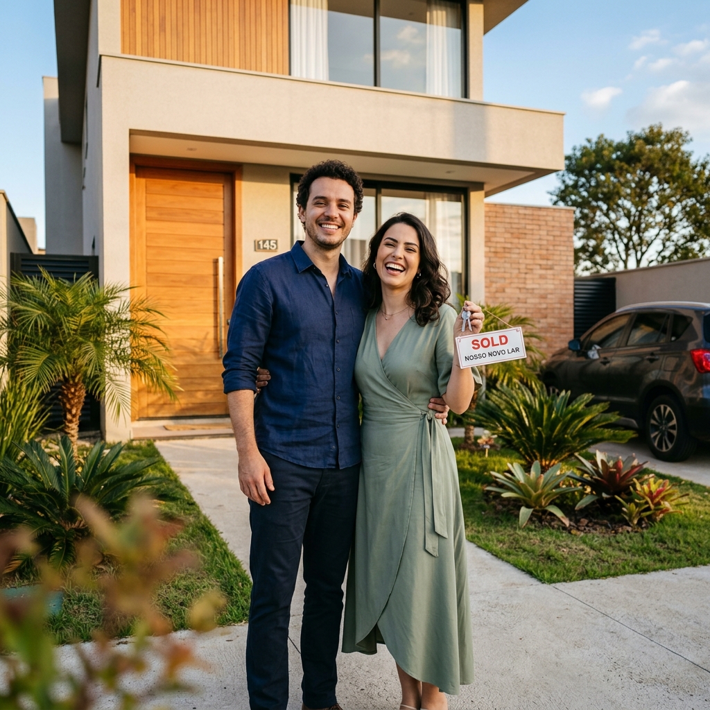 Casal recebendo as chaves do apartamento comprado em Itaici